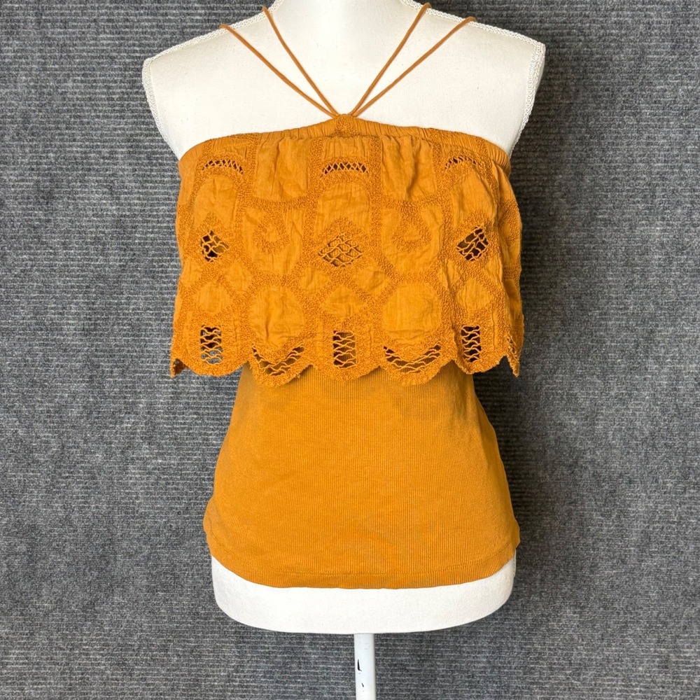 Anthropologie Mustard Off Shoulder Eyelet Lace Halter Top Womens Boho Festival